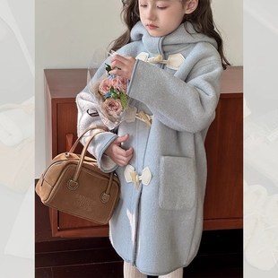 女童外套秋冬2024新款儿童冬季中长款大衣中大童加绒加厚连帽上衣