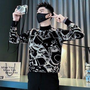 秋冬季半高领毛衣男款高级感内搭2024新款修身中领加厚提花打底衫