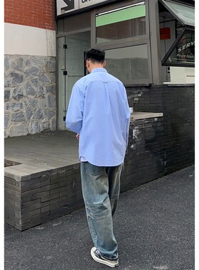 Batterup春秋宽松重磅水洗做旧磨边复古猫须休闲阔腿牛仔裤男直筒