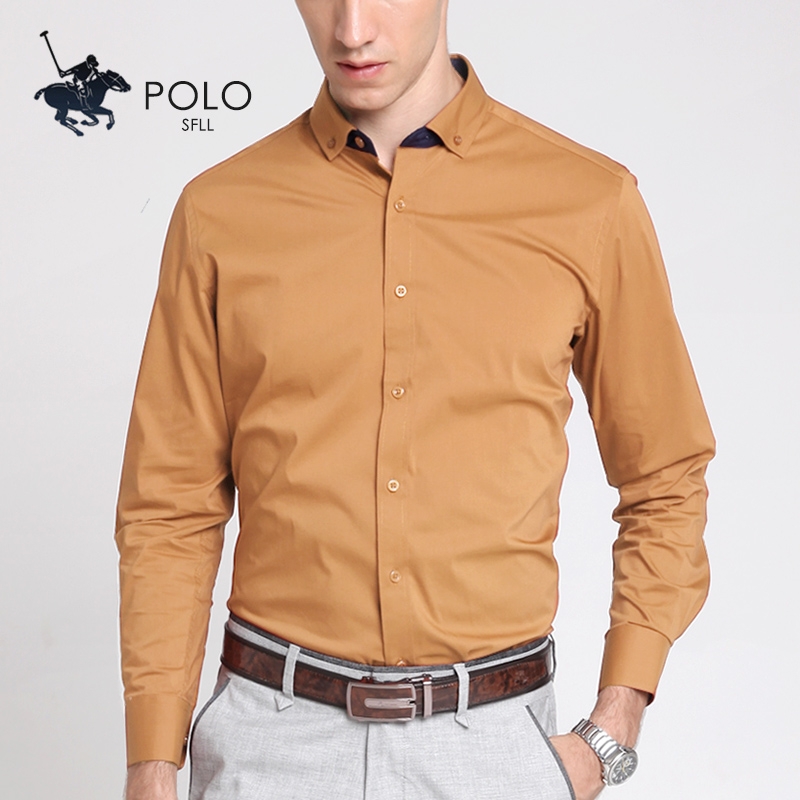 橘色橙色小领弹力商务长袖衬衫男士焦糖色浅咖啡色桔色橘黄色衬衣