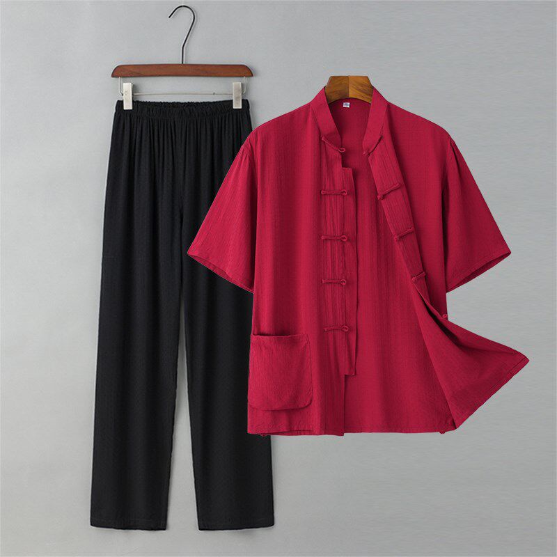 夏季薄款唐装男中老年棉绸短袖套装中式复古汉服休闲爸爸装中国风,男装,唐装,淘宝优惠券,粉丝福利购,淘宝优惠卷