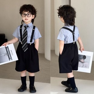 男童主持人服装夏季男孩背带裤演出服西装套装儿童幼儿园毕业礼服