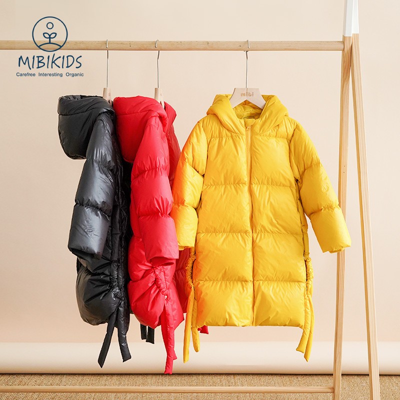 mibi女童羽绒服中长款冬季新款洋气宝宝连帽儿童加厚冬装外套