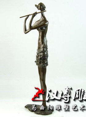 玻璃钢仿铜人物雕塑商业步行街铸铜抽象美女雕塑铜雕吹笛子少女像
