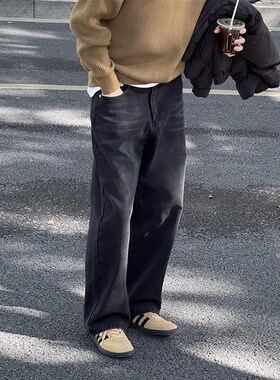 王几又 冬季新款复古水洗黑色牛仔裤男休闲百搭保暖宽松直筒长裤