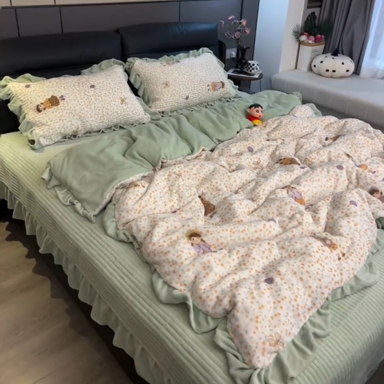 小清新花边牛奶绒被套碎花加绒床盖三件套冬季床盖四件套床上用品