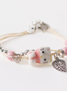 景德镇陶瓷小猫瓷珠叶子手链女生