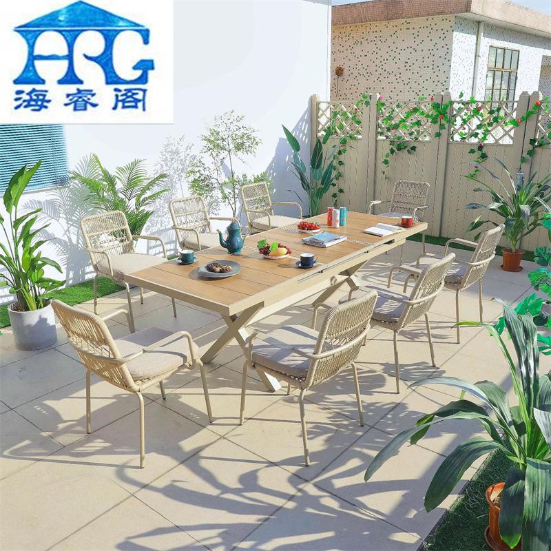 户外桌椅组合别墅庭院塑木长餐桌花园露天室外景区铝合金绳编藤椅