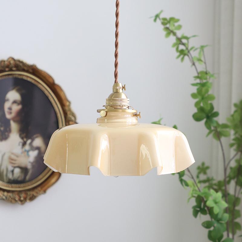 法式复古全铜奶玻璃小吊灯北欧中古玻璃飘窗阳台过道花朵床头灯