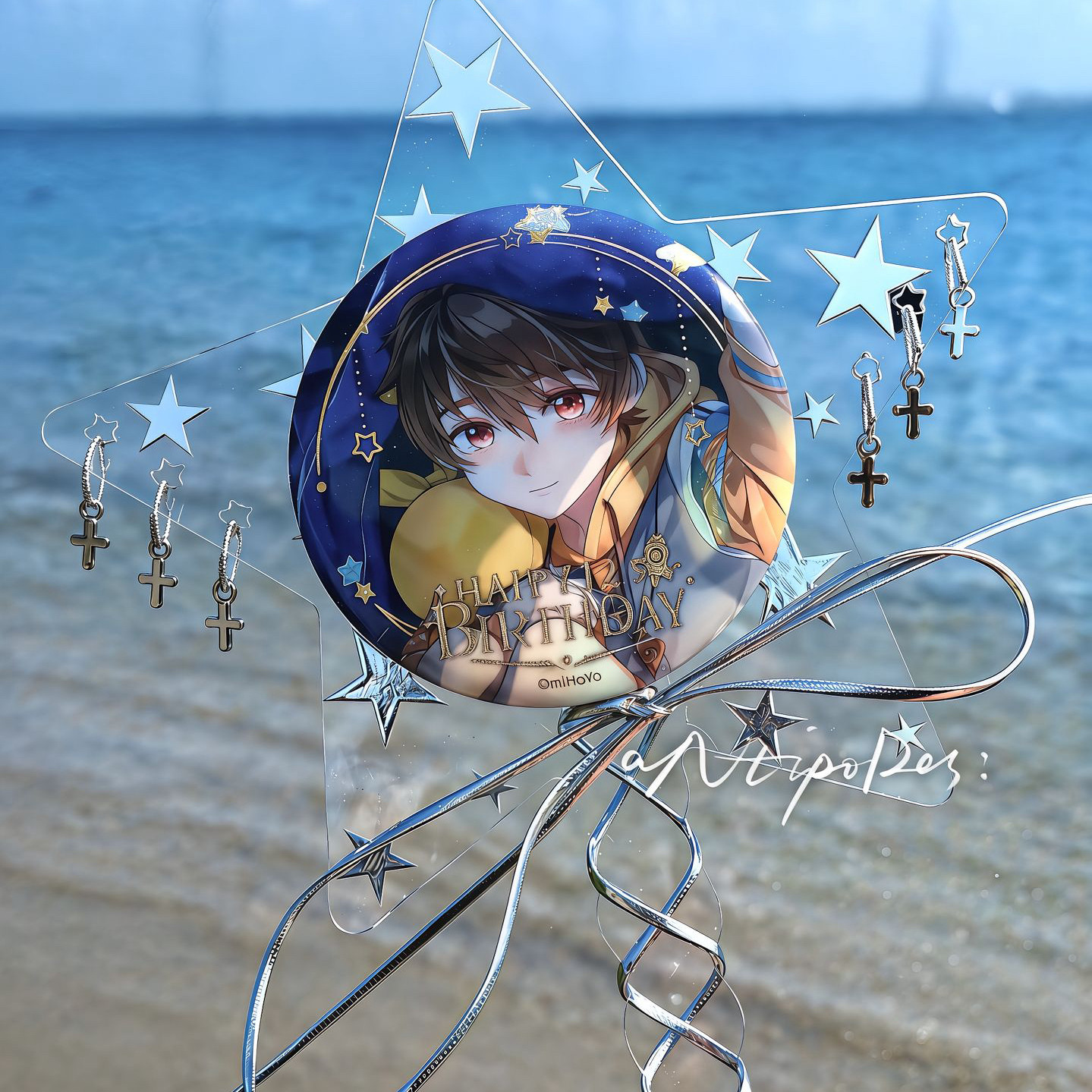 ins风烫银星星丝带打卡棒可爱亚克磁吸吧唧展示举拍棒谷美道具