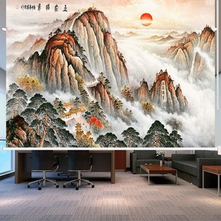 意境山水画遮阳遮光手拉升降 定制千里江山卷帘窗帘办公室书房中式
