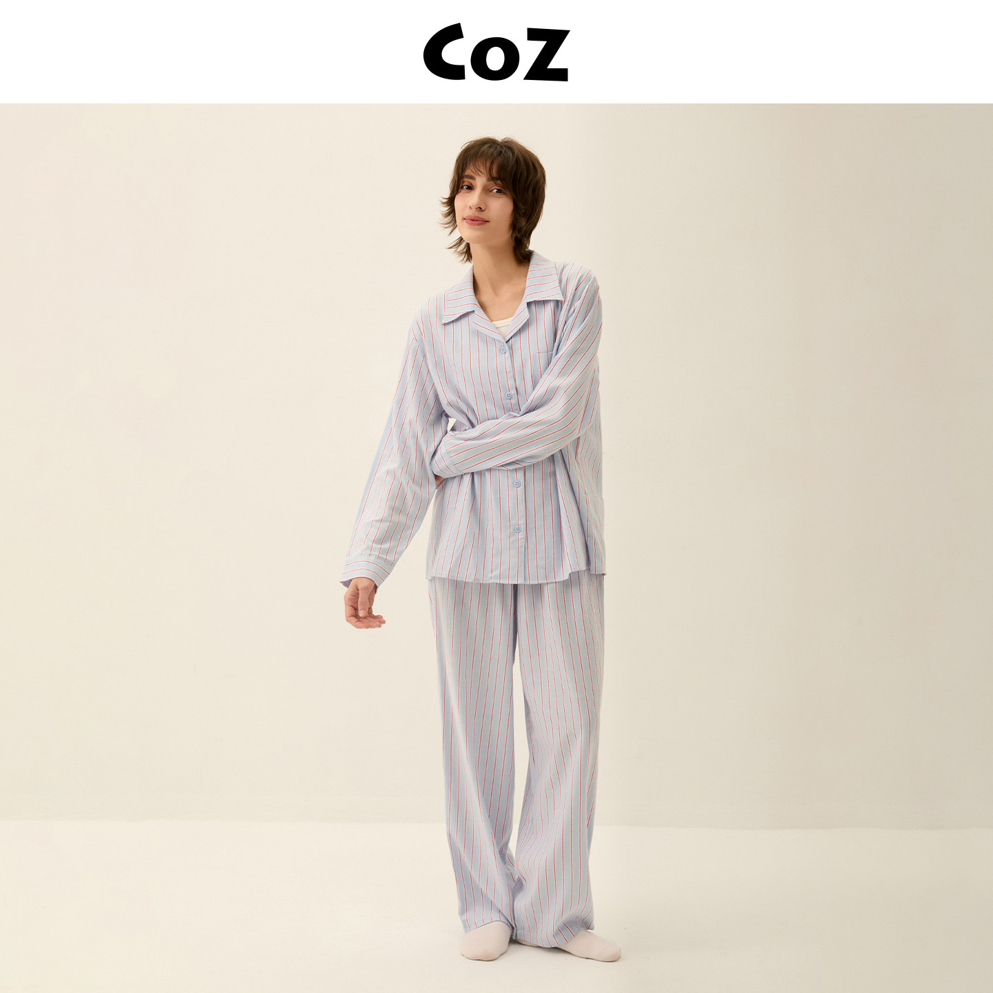 【明星同款】CoZ棉软长袖条纹家居服女可外出宽松衬衫两件套装