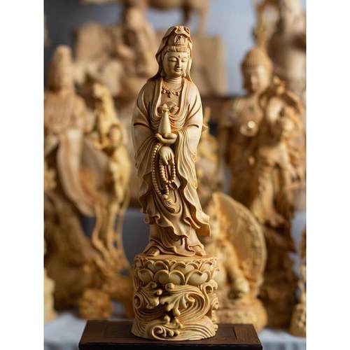 乐清小叶黄杨木雕实木雕刻手工艺品净瓶观音家居装饰文玩收藏摆件