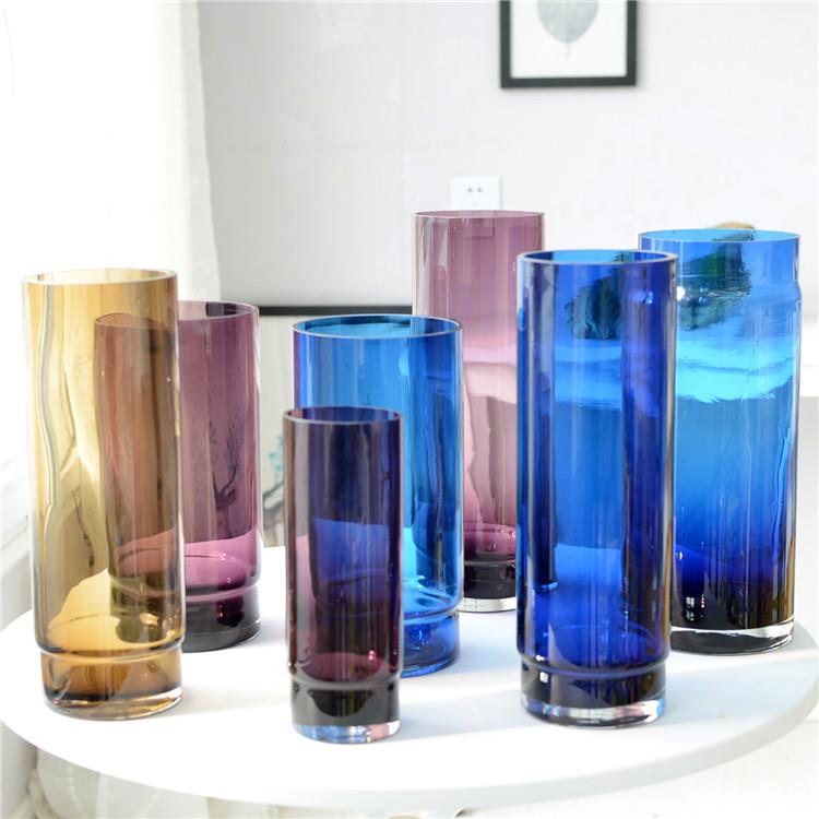 欧美蓝紫琥珀色通透玻璃花瓶圆柱筒形软装摆件花器艺术家居工艺品