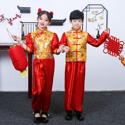 元旦喜庆拜年儿童打鼓演出服中国风开门秧歌表演男女舞龙腰鼓服
