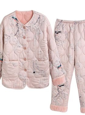 IIZZINI 2021睡衣女冬长袖夹棉加厚加绒国风画眉鸟奢华家居服套装