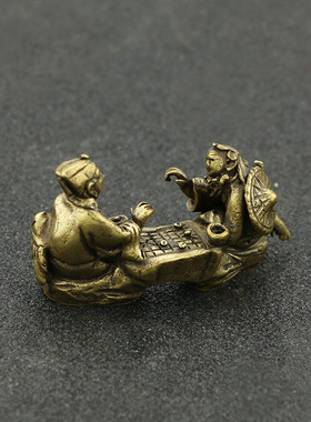 复古纯黄铜棋逢对手小摆件办公家居书房桌面迷你人物文玩手把件