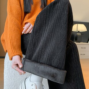 加绒雪尼尔麻花纹阔腿裤女2024秋冬高腰显瘦直筒宽松白色休闲裤子