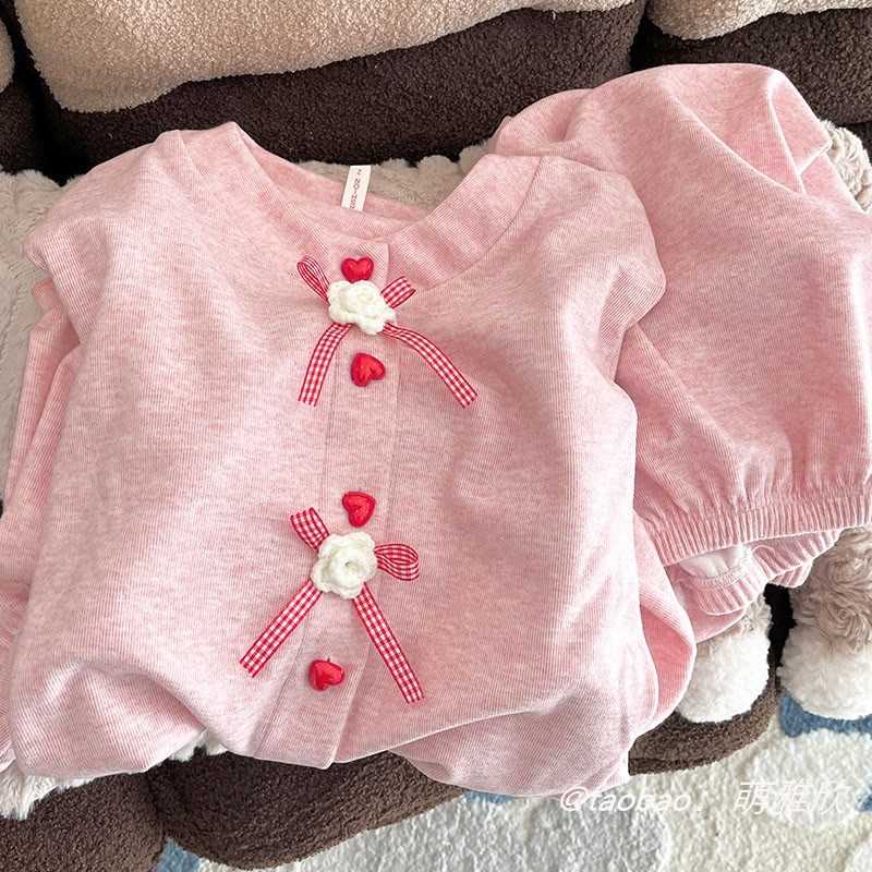 粉色蝴蝶结睡衣女款春秋冬季磨毛德绒加厚长袖套装甜美开衫家居服