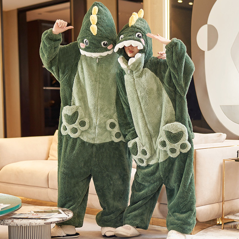 情侣连身睡衣女秋冬季珊瑚绒加厚动物卡通恐龙成人男款冬天家居服