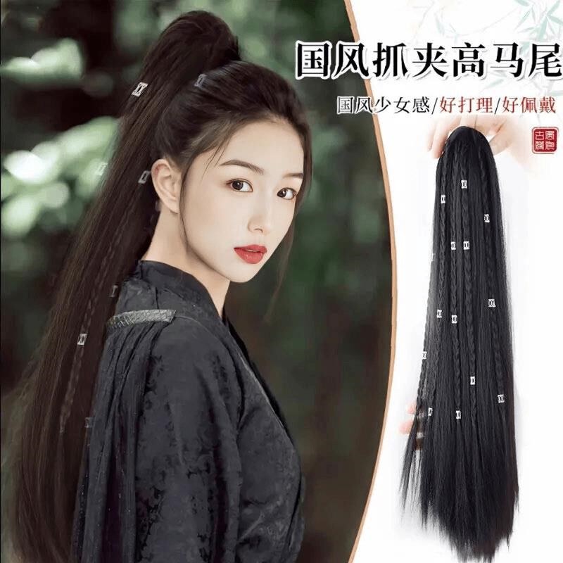 古风抓夹高马尾假发女长直发辫子男古风侠客马面裙新中式抓夹辫子
