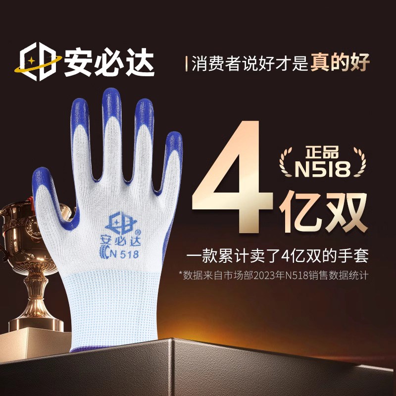 安必达N518劳保手套耐磨工作防滑丁腈橡胶皮涂胶劳动工地干活手套图片