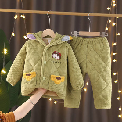 儿童棉睡衣冬加厚三层夹棉法兰绒套装可爱卡通珊瑚女童家居服带帽