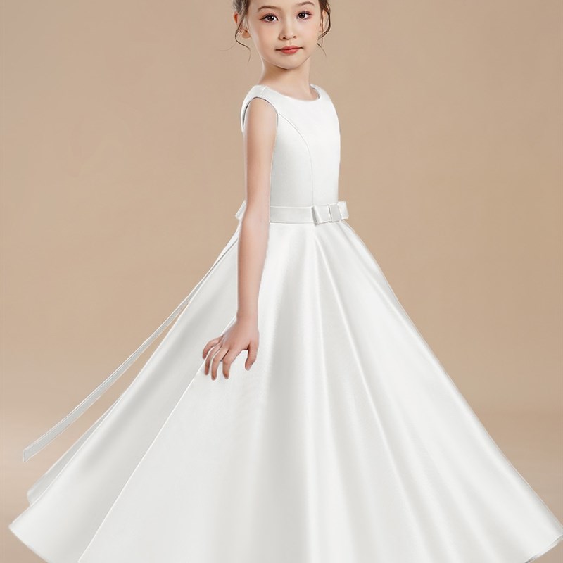 女童白色钢琴演出服学生管弦乐团演奏礼服高端缎面长裙儿童晚礼服