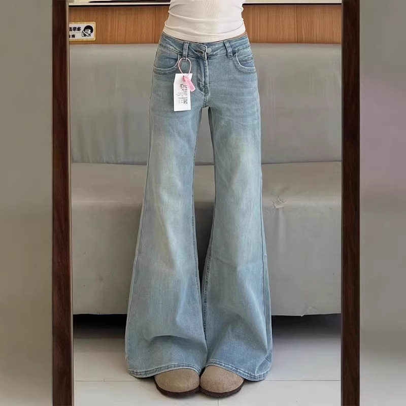 秋美式牛仔裤浅色新款宽松阔腿显瘦垂感直筒微喇牛仔裤