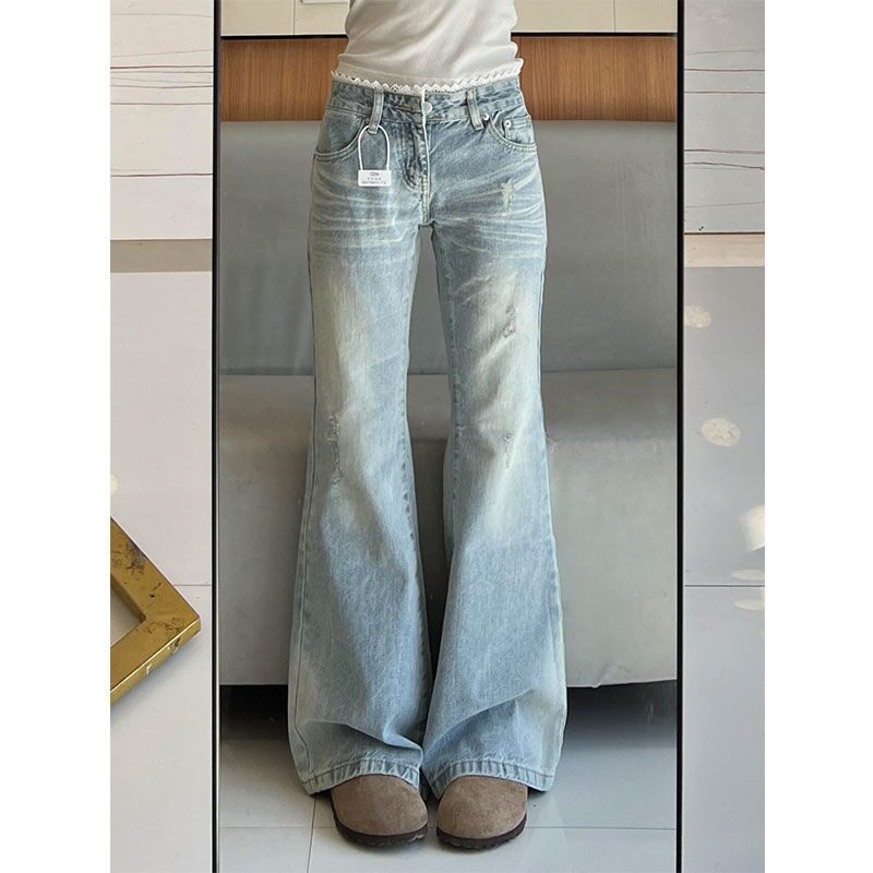 26春季新款不贴腿直筒喇叭裤浅色蕾丝边阔腿长裤微喇牛仔裤女