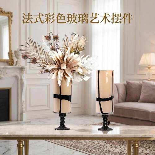 中古拼色手工玻璃花瓶花器摆件法式高脚彩色玻璃高级艺术摆件花器