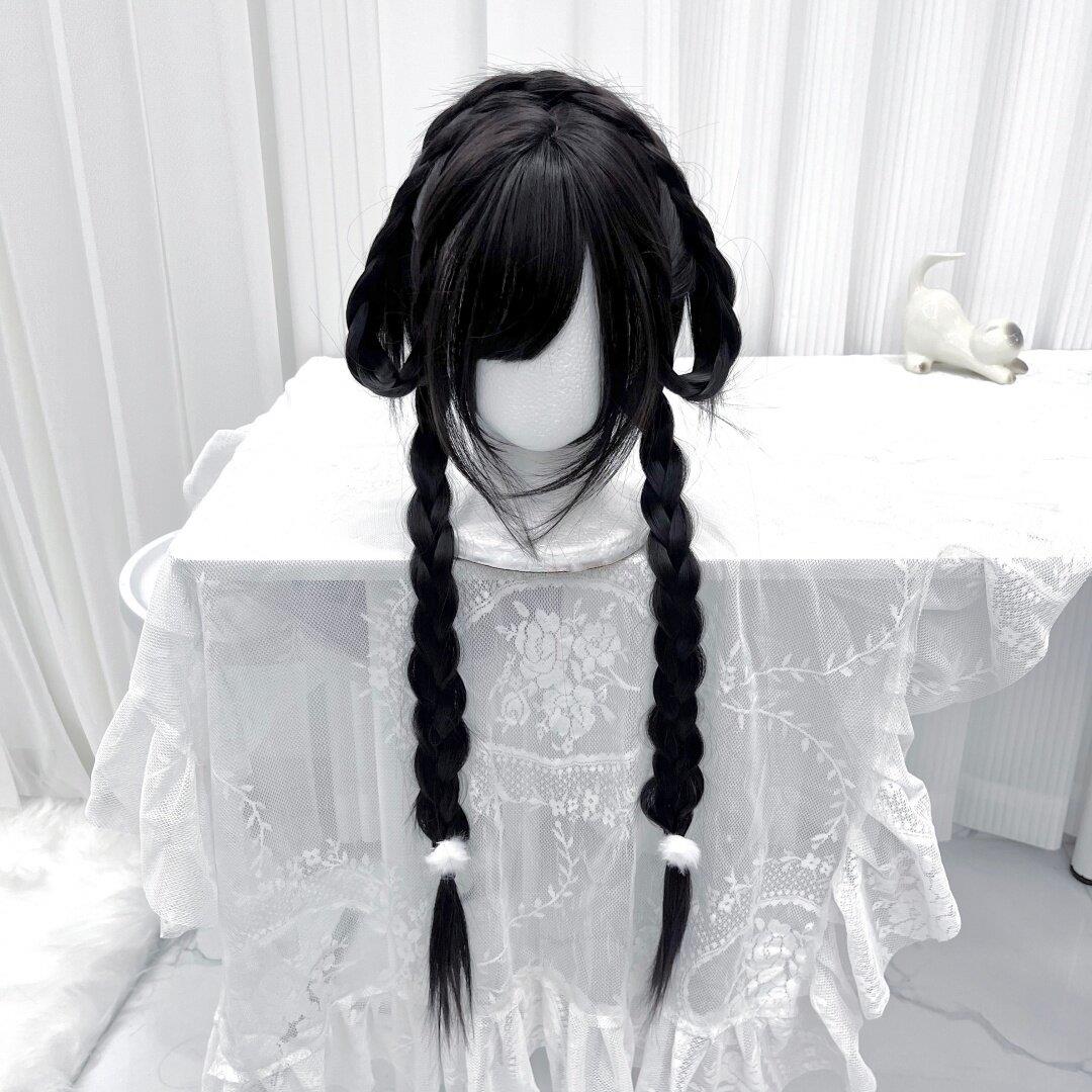 喵灵界假发女80cm直发齐浏海黑长直麻花辫Lolita日系jk全头套图片