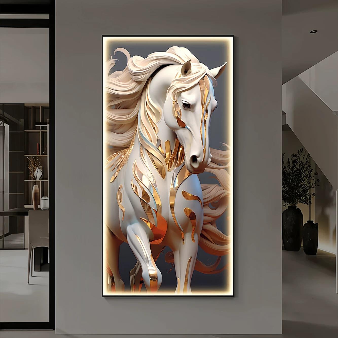 马到成功入户玄关装饰画骏马图客厅壁画现代轻奢走廊过道尽头挂画