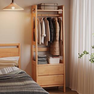 实木床头柜置物架一体衣帽架落地卧室主卧多功能床边挂衣架收纳柜