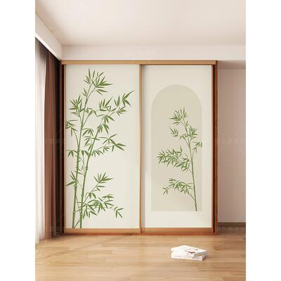 新中式翠竹装饰衣柜门遮丑贴画翻新柜子贴纸卧室布置自粘壁纸加厚