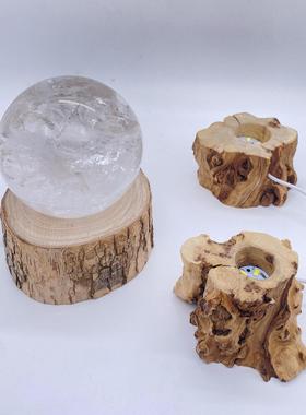 实木根雕水晶球发光底座原木圆球原石底托 托树根LED灯底座装饰摆