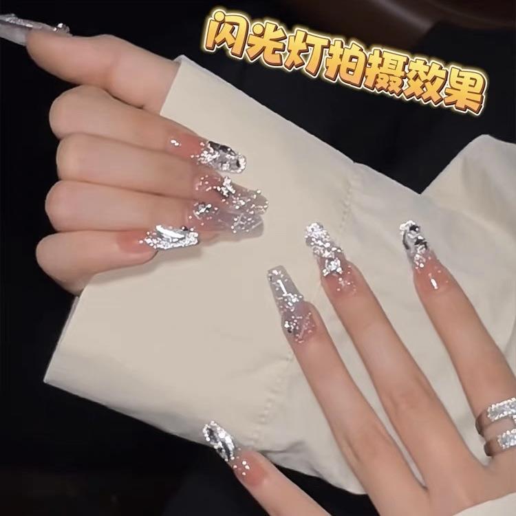 网红爆闪满天星立体蝴蝶丝带美甲成品手工穿戴甲贴片防水拆卸美甲