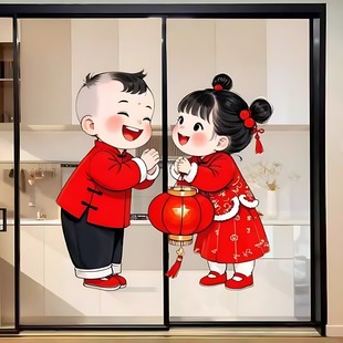 汉服年画2026年马年娃娃拜年贴纸汉服春节门贴家用房间贴画装饰