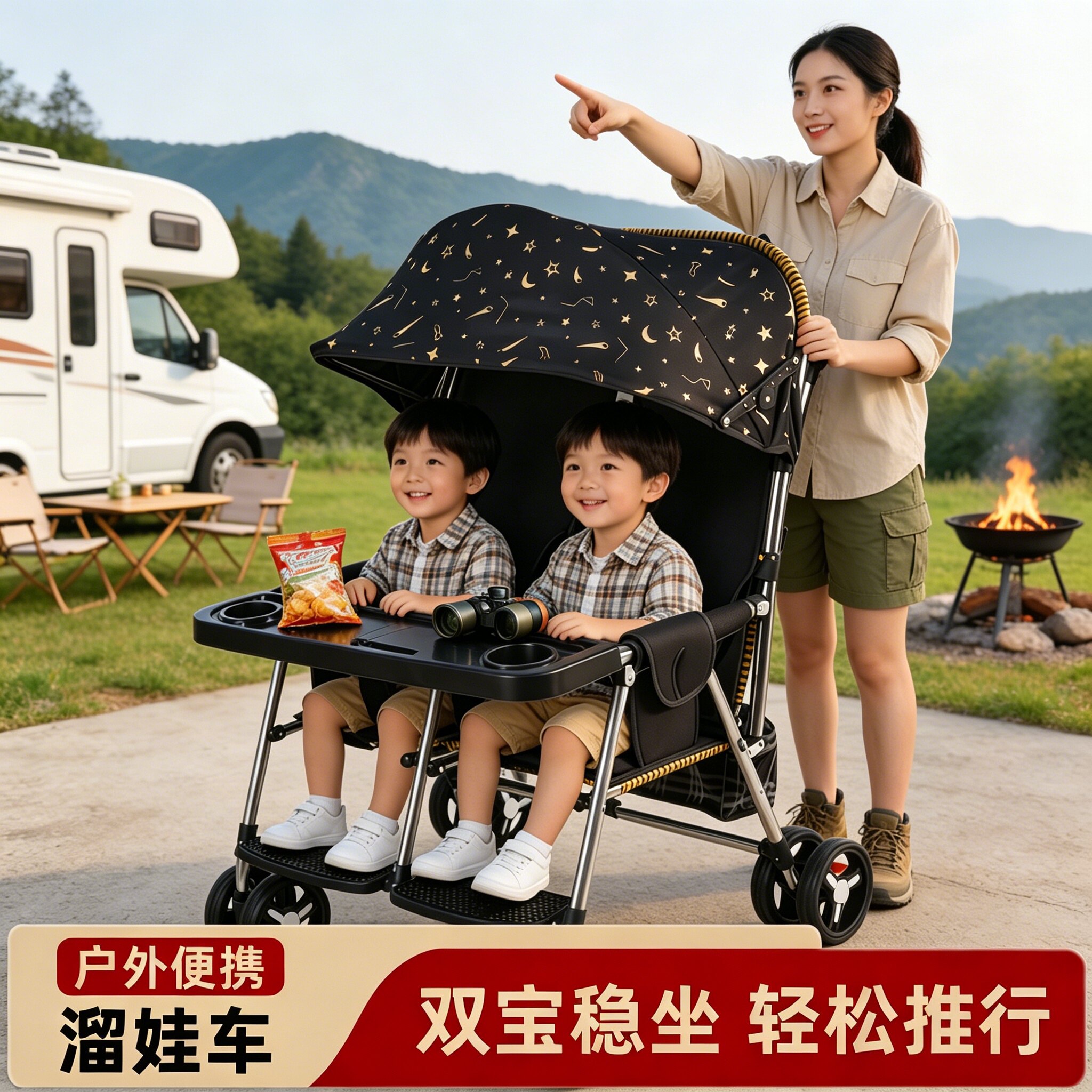 双胞胎藤编童车带遮阳棚双人婴儿推车可坐可躺折叠夏季遛娃神器