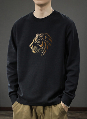 简木迹纯棉长袖t恤男士圆领260克春秋冬季上衣男装宽松体恤打底衫