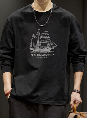 简木迹260克长袖t恤男2025新款春秋季束口纯棉重磅宽松上衣打底衫