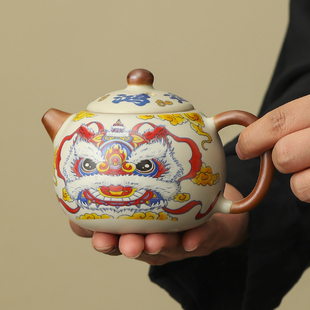 米黄汝窑茶具醒狮茶壶鸿运当头茶杯国潮中国风茶道器具主人杯盖碗