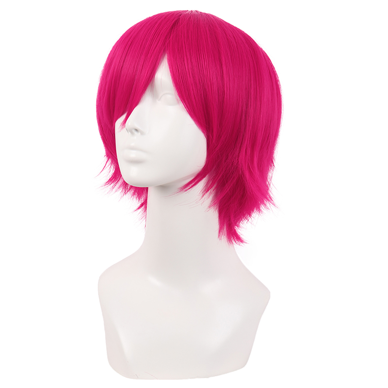 潼漫 cos假发男女适用短发30CM万用反翘直发玫红色动漫假毛全头套