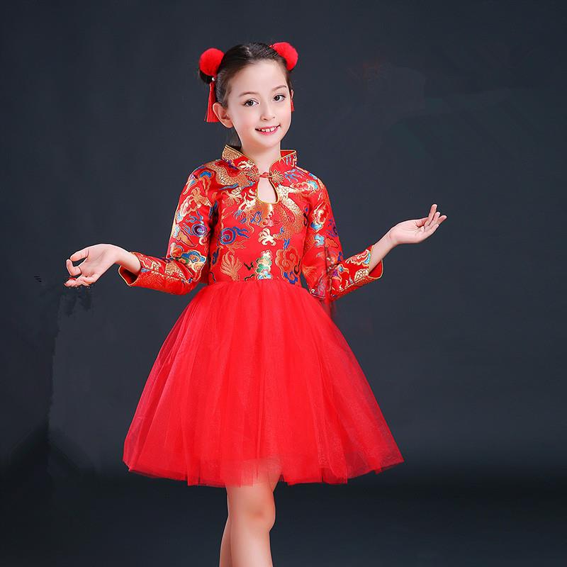 女童旗袍唐装中国风古筝表演公主裙新年喜庆开门红儿童演出礼服装图片