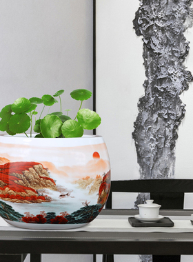 鸿运当头聚宝盆收纳盒景德镇陶瓷手绘花瓶中式客厅玄关摆件招财罐