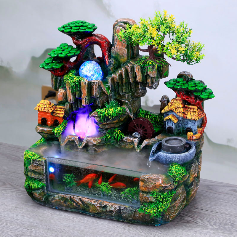 假山流水喷泉家用小型生态景观鱼缸自循环水客厅电视柜创意水陆缸