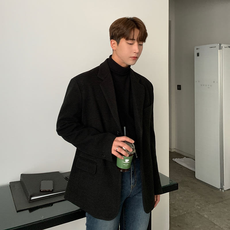 春秋款毛呢西装外套男高级感羊毛大衣短款宽松休闲秋冬季呢子西服