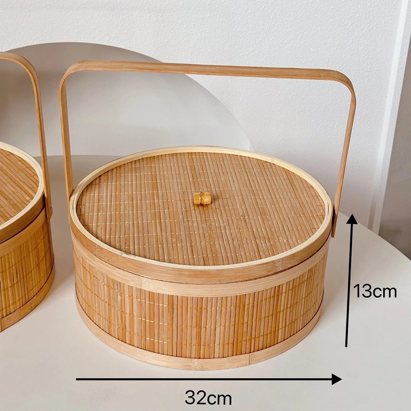 双层油画蝴蝶蓝竹编圆形鲜花花篮水果花篮月饼盒竹篮子礼品盒果篮