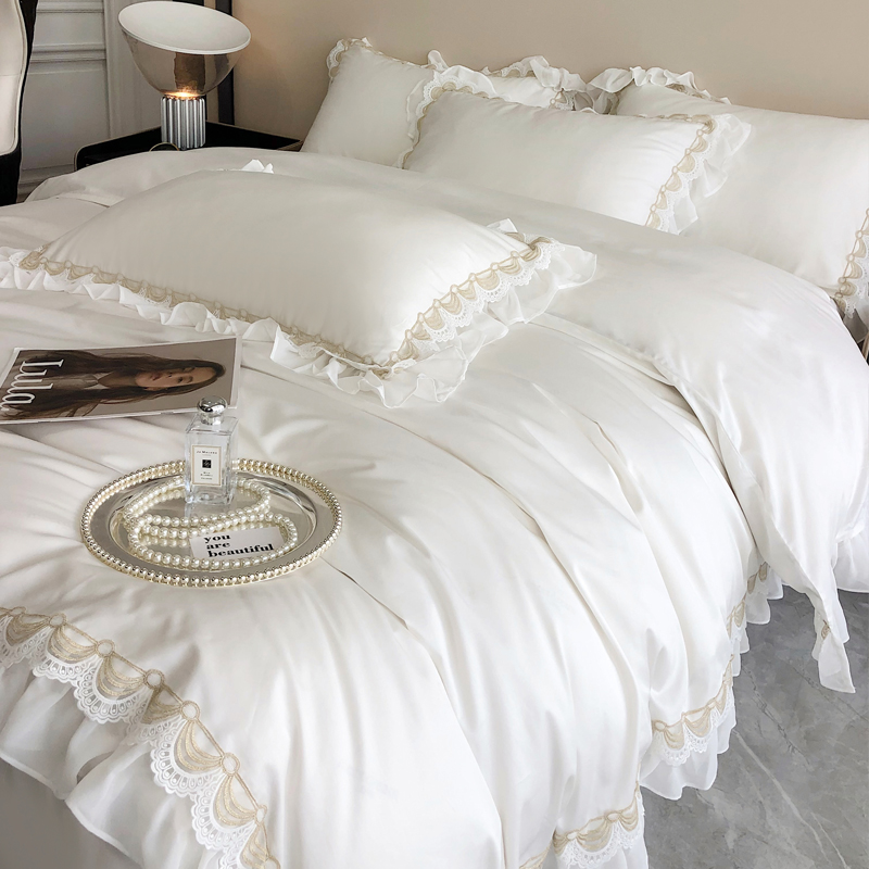 公主蕾丝120支匹马棉纯白贡缎四件套全棉简约丝滑亲肤床单床品