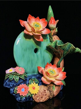 石湾公仔莲藕莲花陶瓷摆件客厅博古架电视柜摆设乔迁开业新居礼品